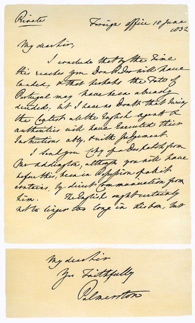 Carta de Henry John Temple a RB Hoppner, 18 de junio de 1832 de Lord Palmerston
