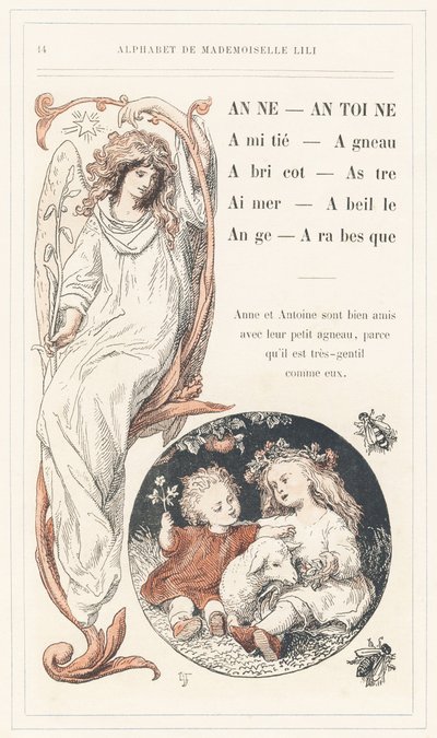 Anne, Antoine, Amistad, Cordero, Albaricoque, Estrella, Amor, Abeja, Ángel, Arabesco, página 14 - Abecedario de Mademoiselle Lili, de L. Froelich y de un padre (el propio Hetzel). Bibliotheque  Magasin d