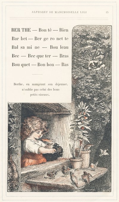 Berthe, Bonte, Well, Barbet, Bergeronnette, Balsamine, Birch, Beak, Becqueter, Arm, Bouquet, Candy, Bottom, página 15 - Abecedario de Mademoiselle Lili, de L. Froelich y de un papá (el propio Hetzel). Bibliotheque  Magasin d
