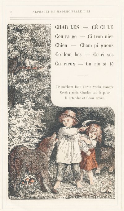 Charles, Cecile, Coraje, Limonero, Perro, Setas, Palomas, Cerezas, Curioso, Curiosite, página 16 - Abecedario de Mademoiselle Lili, de L. Froelich y de un papá (el propio Hetzel). Bibliotheque  Magasin d
