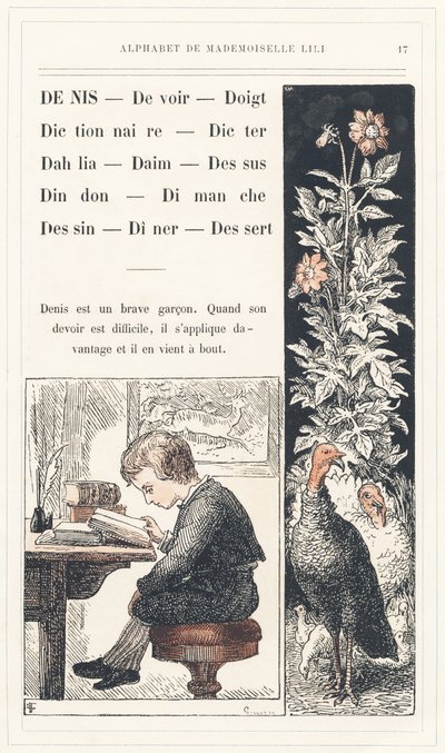 Denis, Deber, Dedo, Diccionario, Dicter, Dalia, Ante, Top, Pavo, Domingo, Dibujo, Cena, Postre, página 17 - Abecedario de Mademoiselle Lili, de L. Froelich y de un papá (el propio Hetzel). Bibliotheque  Magasin d