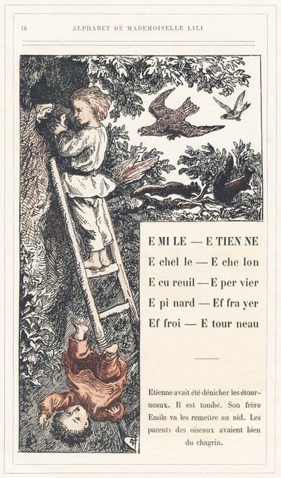 Emile, Etienne, Echelle, Echelon, Squirrel, Sparrow, Epinard, Scarer, Farry, Stourneau, página 18 - Abecedario de Mademoiselle Lili, de L. Froelich y de un papá (el propio Hetzel). Bibliotheque  Magasin d