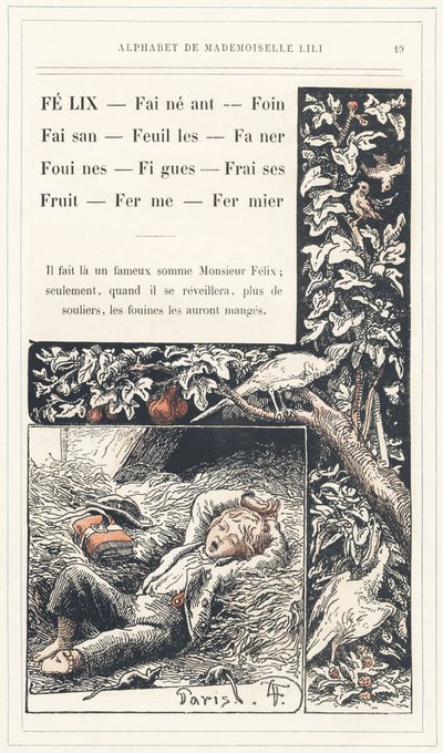 Felix, Lay, Hay, Pheasant, Leaves, Faner, Weasels, Figs, Strawberries, Fruit, Farm, Farmer, página 19 - Abecedario de Mademoiselle Lili, de L. Froelich y de un padre (el propio Hetzel). Bibliotheque  Magasin d