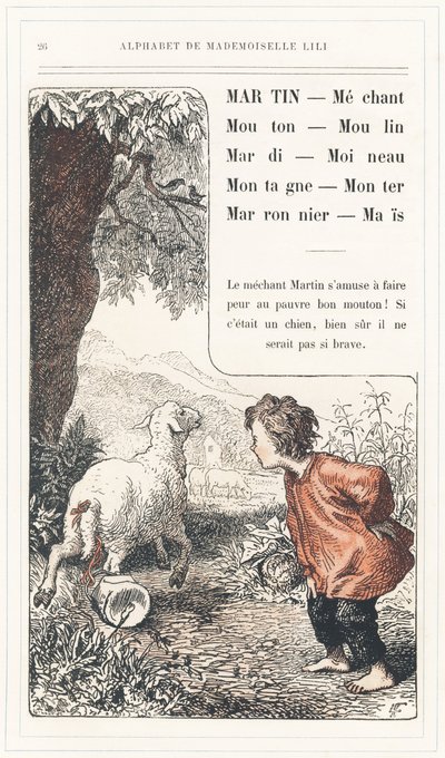Martin, Mechant, Mouton, Mill, Tuesday, Sparrow, Mountain, Rise, Chestnut, Mais, página 26 - Abecedario de Mademoiselle Lili, de L. Froelich y de un papá (el propio Hetzel). Bibliotheque  Magasin d