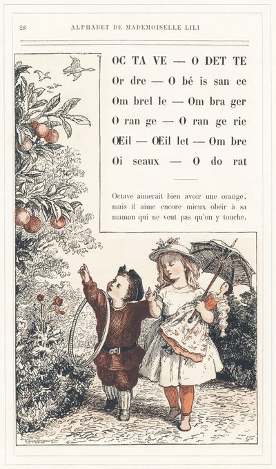 Octave, Odette, Orden, Obediencia, Paraguas, Sombra, Naranja, Orangerie, Ojo, Clavel, Sombra, Pájaros, Olor, página 28 - Abecedario de Mademoiselle Lili, por L. Froelich y por un papá (el propio Hetzel). Bibliotheque  Magasin d
