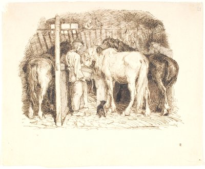 Caballos en un establo bebiendo agua de un mozo de Lorenz Frølich