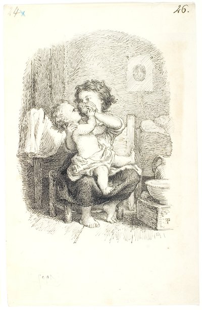 Niña pequeña bañando a un niño menor de Lorenz Frølich