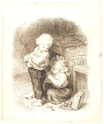 Niña pequeña reparando los pantalones de un niño de Lorenz Frølich