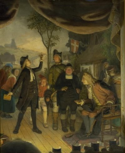 Ludvig Holberg asistiendo a un ensayo de su obra Erasmus Montanus, Acto IV, Escena 2 de Lorenz Frølich