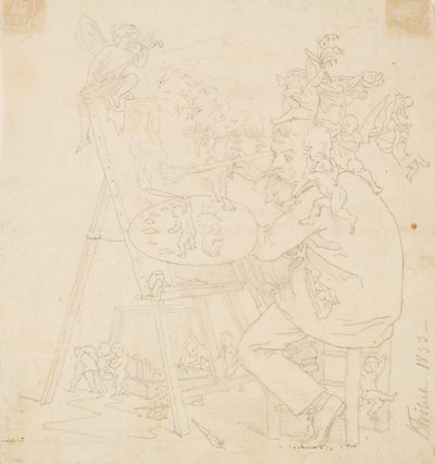 Pintor trabajando rodeado de elfos y otras criaturas de Lorenz Frølich