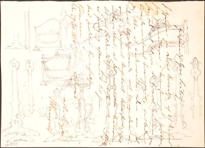 Bocetos de muebles dibujados sobre una carta de Lorenz Frølich