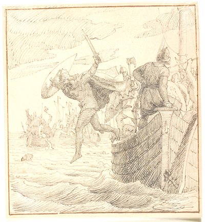 Olaf Tryggvesen saltando por la borda durante la batalla de Svolder de Lorenz Frølich