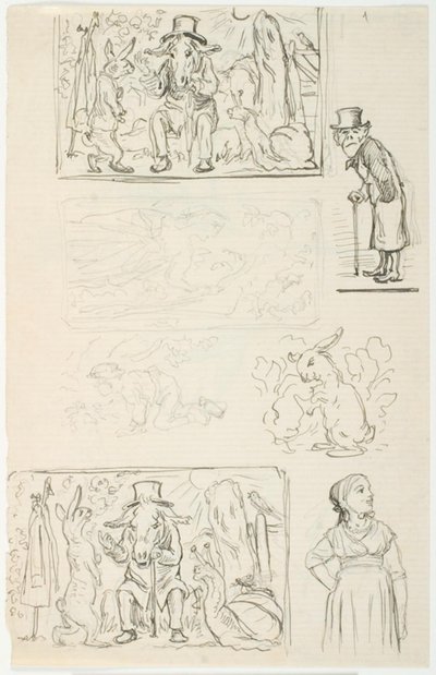 Siete bocetos, entre ellos para Los corredores rápidos de H.C. Andersen, El caracol y el seto de rosas y Anne Lisbeth de Lorenz Frølich