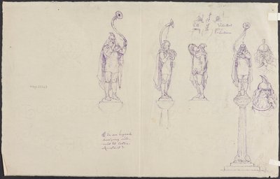 Cuatro intérpretes de lur, un cruce de caminos y cabezas de intérpretes de lur de Lorenz Frølich