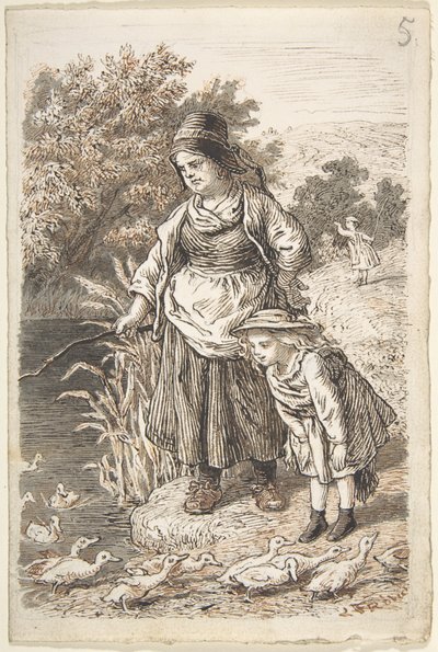 Mujer y niño junto a un estanque de patos de Lorenz Frølich