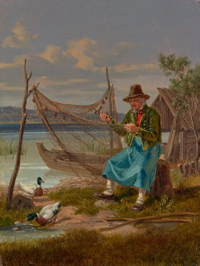 Redes que reparan a los pescadores en el lago de Lorenz Quaglio