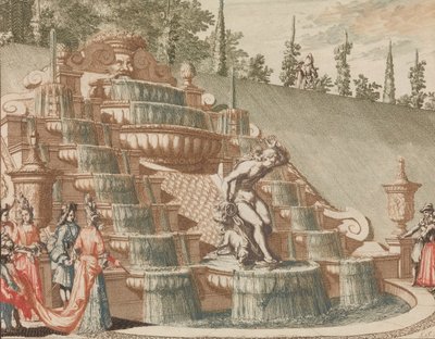 La cascada de Narciso, en el lado este del Gran Jardín, en: Escenario de los más importantes, s.f. de Lorenz Scherm