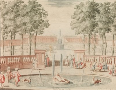 La fuente de Hércules, con la del Gran Salto, para el Anfiteatro, en: Tooneel..., n.d. de Lorenz Scherm