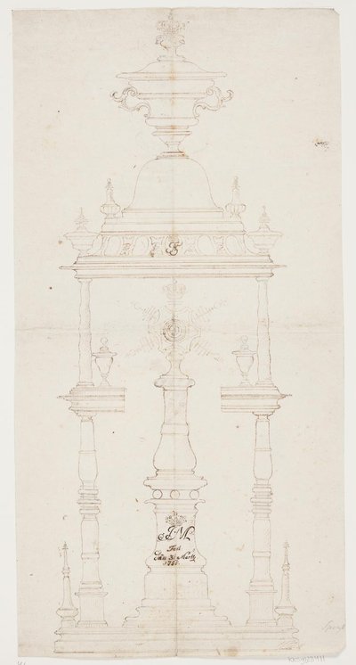 Boceto de un soporte giratorio con las iniciales de la reina Juliane Marie de Lorenz Spengler