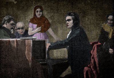 Ludwig van Beethoven toca la sonata Claro de Luna - grabado según Lorenz Vogel - Ludwig van Beethoven (1770-1827), músico alemán, tocando la sonata en UT menor (Claro de Luna - Moonlight) según la pintura de Lorenz Vogel (1846-1902) de Lorenz Vogel