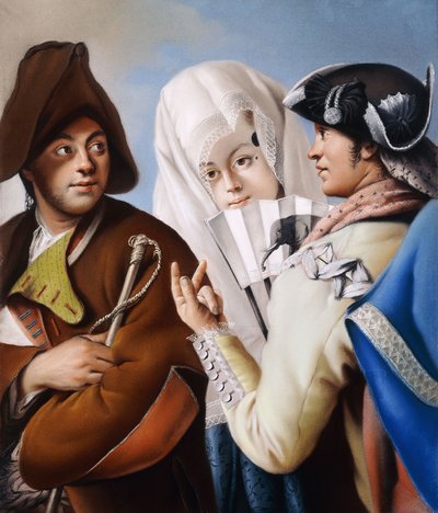 Un caballero con un gorro frigio siendo abordado por un caballero con un abrigo amarillo y sombrero tricorne negro con una dama con un vestido de brocado azul y mantilla blanca de Lorenzo Baldissera Tiepolo