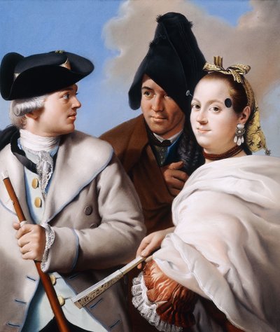 Un caballero con sombrero de tres picos sosteniendo un bastón, un caballero con un gorro frigio negro y una joven con un vestido rojo con una mosca de Lorenzo Baldissera Tiepolo