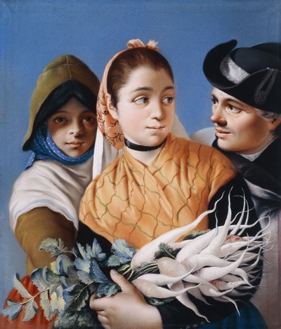 Una niña con un chal naranja sosteniendo nabos, una niña con un sombrero y vestido verde y un caballero con sombrero tricorne negro de Lorenzo Baldissera Tiepolo