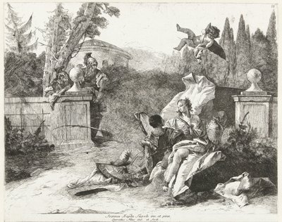Rinaldo y Armida son espiados por Ubaldo y Carlo de Lorenzo Baldissera Tiepolo