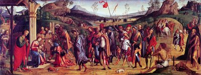 Adoración de los Reyes Magos de Lorenzo Costa (1460-1535), óleo sobre lienzo, 75x181 cm de Lorenzo Costa