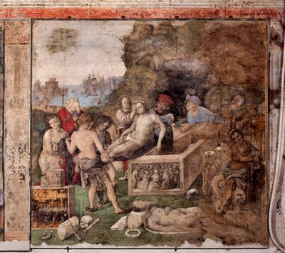 Vida de Santa Cecilia: Entierro de San Valeriano y San Tiburcio (fresco) de Lorenzo Costa