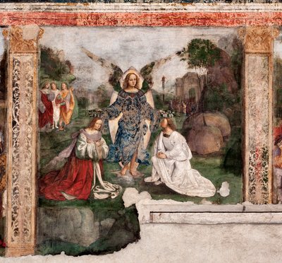 Vida de Santa Cecilia: la santa y San Valeriano coronados por un ángel de Lorenzo Costa