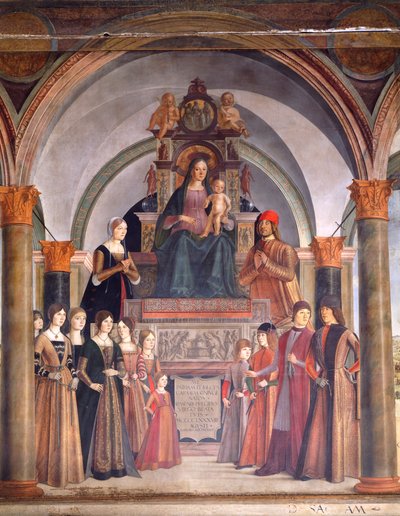 Virgen con el Niño con ángeles, de Lorenzo Costa (hacia 1537-1583), capilla del Bentivoglio en la iglesia de San Giacomo Maggiore, Bolonia, Italia de Lorenzo Costa