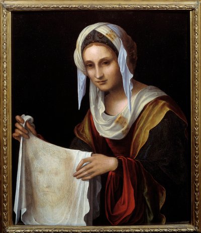 Santa Verónica. El Santo Velo representa el rostro de Cristo cuyo sudor Verónica se dice que limpió durante la subida al Calvario de Lorenzo Costa