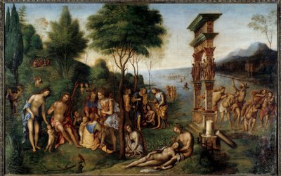 El reino de Comus, dios de las fiestas alegres, extraído de las “Imagines” de Filóstrato. A la izquierda, los placeres permitidos se separan de los placeres prohibidos. En primer plano, la historia del amor de Dionisio y la náyade frigia Nikaia. de Lorenzo Costa