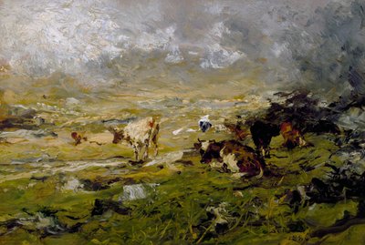 Paisaje montañoso con vacas pastando de Lorenzo Delleani