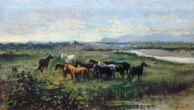 Caballos salvajes, hacia 1870, de Lorenzo Gelati (1824-1893), óleo sobre lienzo transferido sobre tabla, 21x37 cm de Lorenzo Gelati