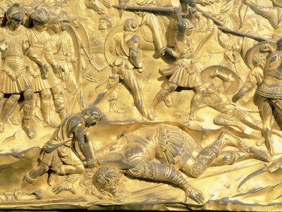 David y Goliat, detalle del panel original de las Puertas del Este del Baptisterio, 1425-52 (post restauración) de Lorenzo Ghiberti