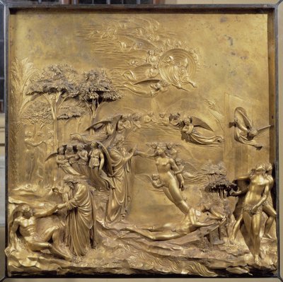 Historia de la vida de Adán: el nacimiento de Adán, la creación de Eva y Adán y Eva expulsados del Paraíso. Panel original de la puerta del Paraíso de Lorenzo Ghiberti