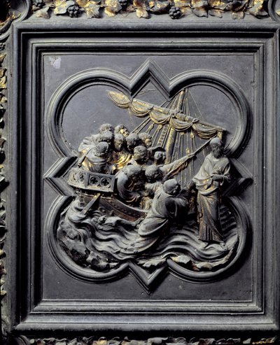 Jesús Camina sobre el Agua y Salva a Pedro, octavo panel de las Puertas Norte del Baptisterio de San Giovanni, 1403-24 de Lorenzo Ghiberti