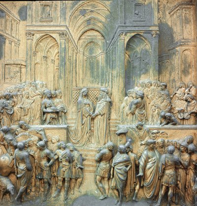 El rey Salomón recibe a la reina de Saba en el templo de bajo relieve de Lorenzo Ghiberti (1378-1455) 1424-1452 Florencia, Puerta del Paraíso del Baptisterio de Lorenzo Ghiberti