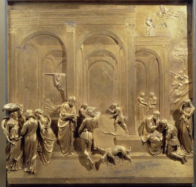 Vida de Jacob y Esaú: Esaú vende su primogenitura e Isaac bendice a Jacob. Panel original de la puerta del Paraíso de Lorenzo Ghiberti