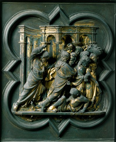 Puerta norte (llamada Puerta de la Cruz, en el norte), detalle exterior: Jesús expulsando a los mercaderes del templo. Escultura de bronce hecha por Lorenzo Ghiberti (1378-1455) de Lorenzo Ghiberti
