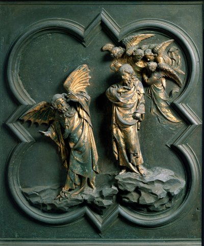 North Gate (llamada Gate of the Cross, en el Norte), detalle exterior: "la tentación de Cristo" Escultura de bronce hecha por Lorenzo Ghiberti (1378-1455) de Lorenzo Ghiberti