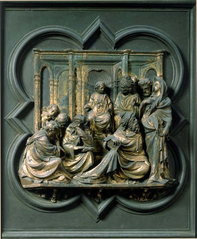 Puerta Norte (llamada Puerta de la Cruz, al Norte), detalle exterior: Jesús entre los doctores. Escultura de bronce de Lorenzo Ghiberti (1378-1455) de Lorenzo Ghiberti