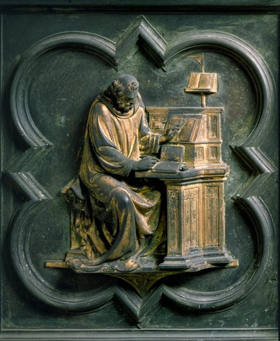 North Gate (llamada Gate of the Cross, al Norte), detalle exterior: San Jerónimo. Escultura de bronce hecha por Lorenzo Ghiberti (1378-1455) de Lorenzo Ghiberti