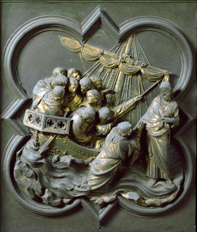 Puerta norte (llamada Puerta de la Cruz, en el norte), detalle exterior: Cristo caminando sobre el agua. Escultura de bronce hecha por Lorenzo Ghiberti (1378-1455) de Lorenzo Ghiberti