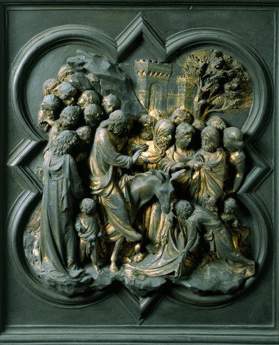 Puerta Norte (llamada la Puerta de la Cruz, en el Norte), detalle exterior: la entrada a Jerusalén, escultura de bronce de Lorenzo Ghiberti de Lorenzo Ghiberti