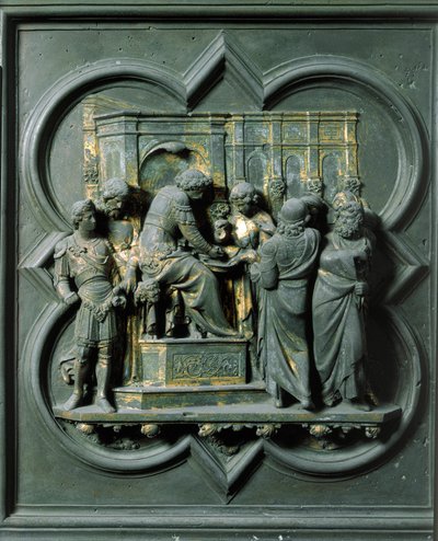 Puerta norte (llamada Puerta de la Cruz, en el norte), detalle exterior: Cristo ante Poncio Pilato. Escultura de bronce hecha por Lorenzo Ghiberti (1378-1455) de Lorenzo Ghiberti