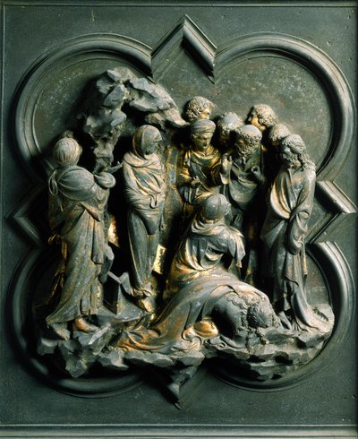 Puerta Norte (llamada Puerta de la Cruz, al Norte), detalle exterior: la resurrección de Lázaro. Escultura de bronce realizada por Lorenzo Ghiberti (1378-1455) de Lorenzo Ghiberti