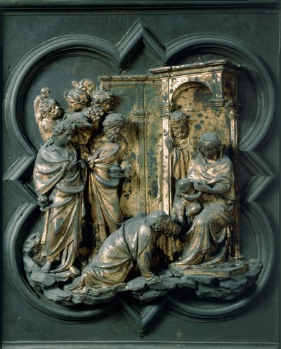 Puerta Norte (llamada Puerta de la Cruz, al norte), detalle exterior: Adoración de los Magos. Escultura de bronce hecha por Lorenzo Ghiberti de Lorenzo Ghiberti